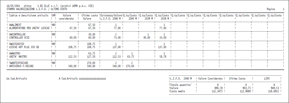 Stampa valorizzazione LIFO/ultimo costo<br />